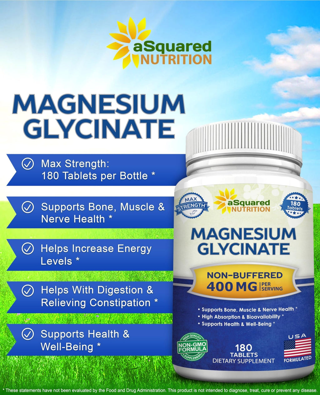aSquared Nutrition Magnesium Glycinate 400mg - 180 Tablets - Max Strength Magnesium Bisglycinate Supplement -Maximum Bioavailability & Absorption-Non-GMO - FENGGESTORE20