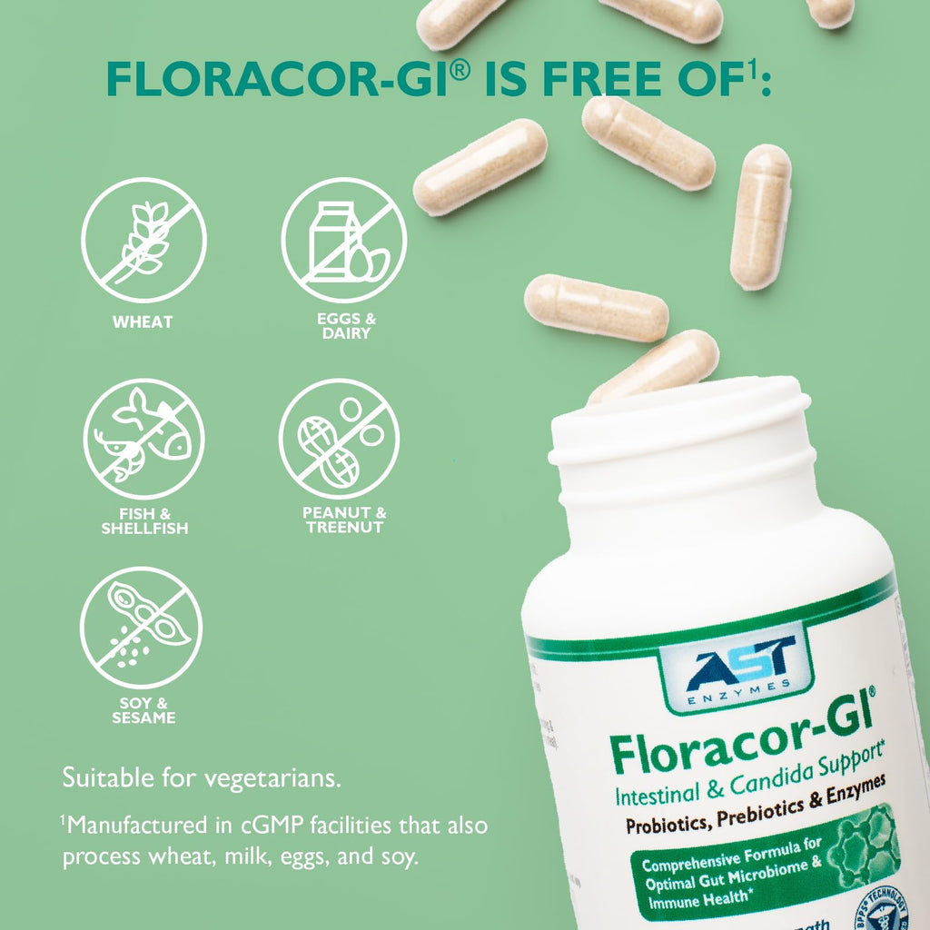 AST Enzymes Floracor - Supports Gut & Intestinal Health - Premium Probiotic, Prebiotic and Enzyme Formula - 60 Vegetarian Capsules - FENGGESTORE20