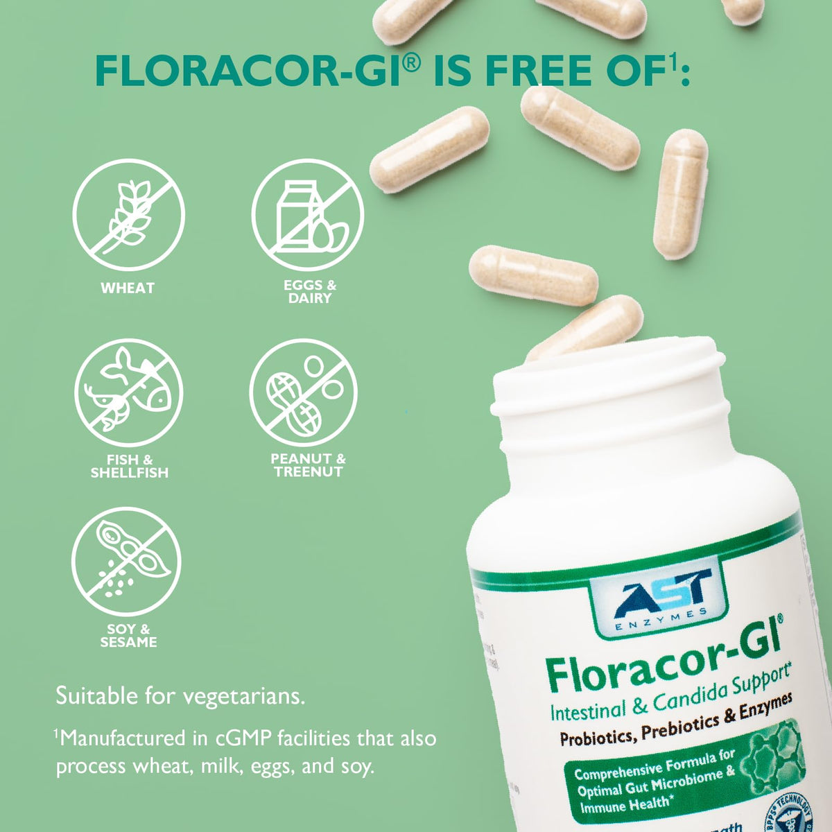 AST Enzymes Floracor - Supports Gut & Intestinal Health - Premium Probiotic, Prebiotic and Enzyme Formula - 60 Vegetarian Capsules - FENGGESTORE20