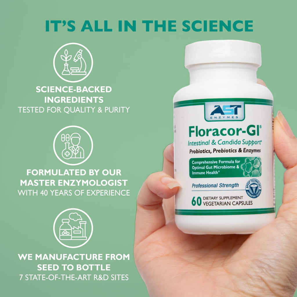 AST Enzymes Floracor - Supports Gut & Intestinal Health - Premium Probiotic, Prebiotic and Enzyme Formula - 60 Vegetarian Capsules - FENGGESTORE20