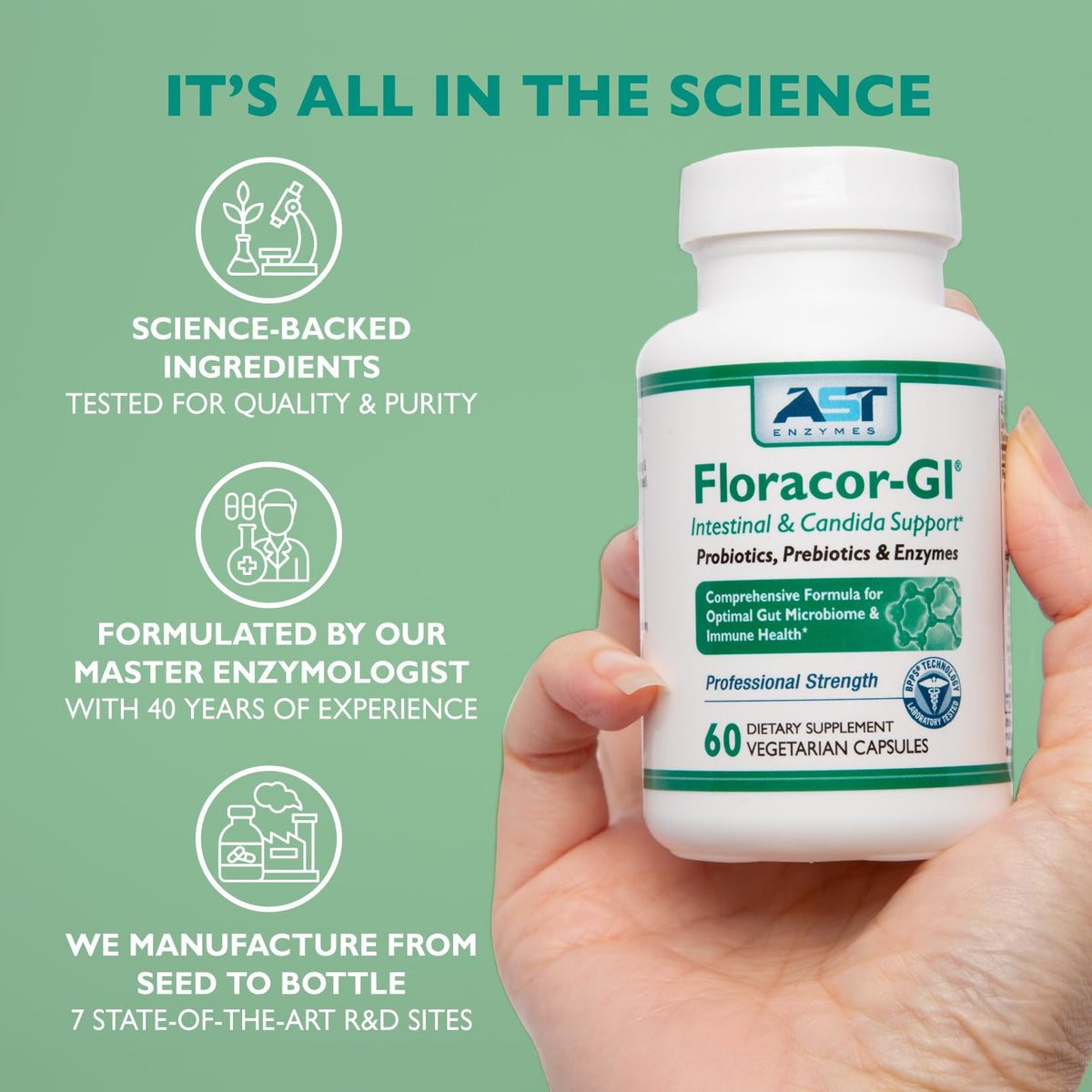 AST Enzymes Floracor - Supports Gut & Intestinal Health - Premium Probiotic, Prebiotic and Enzyme Formula - 60 Vegetarian Capsules - FENGGESTORE20
