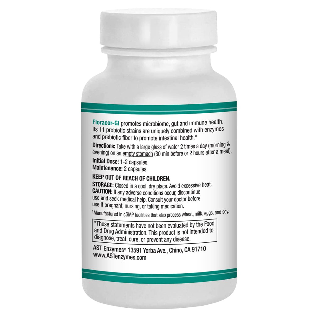 AST Enzymes Floracor - Supports Gut & Intestinal Health - Premium Probiotic, Prebiotic and Enzyme Formula - 60 Vegetarian Capsules - FENGGESTORE20