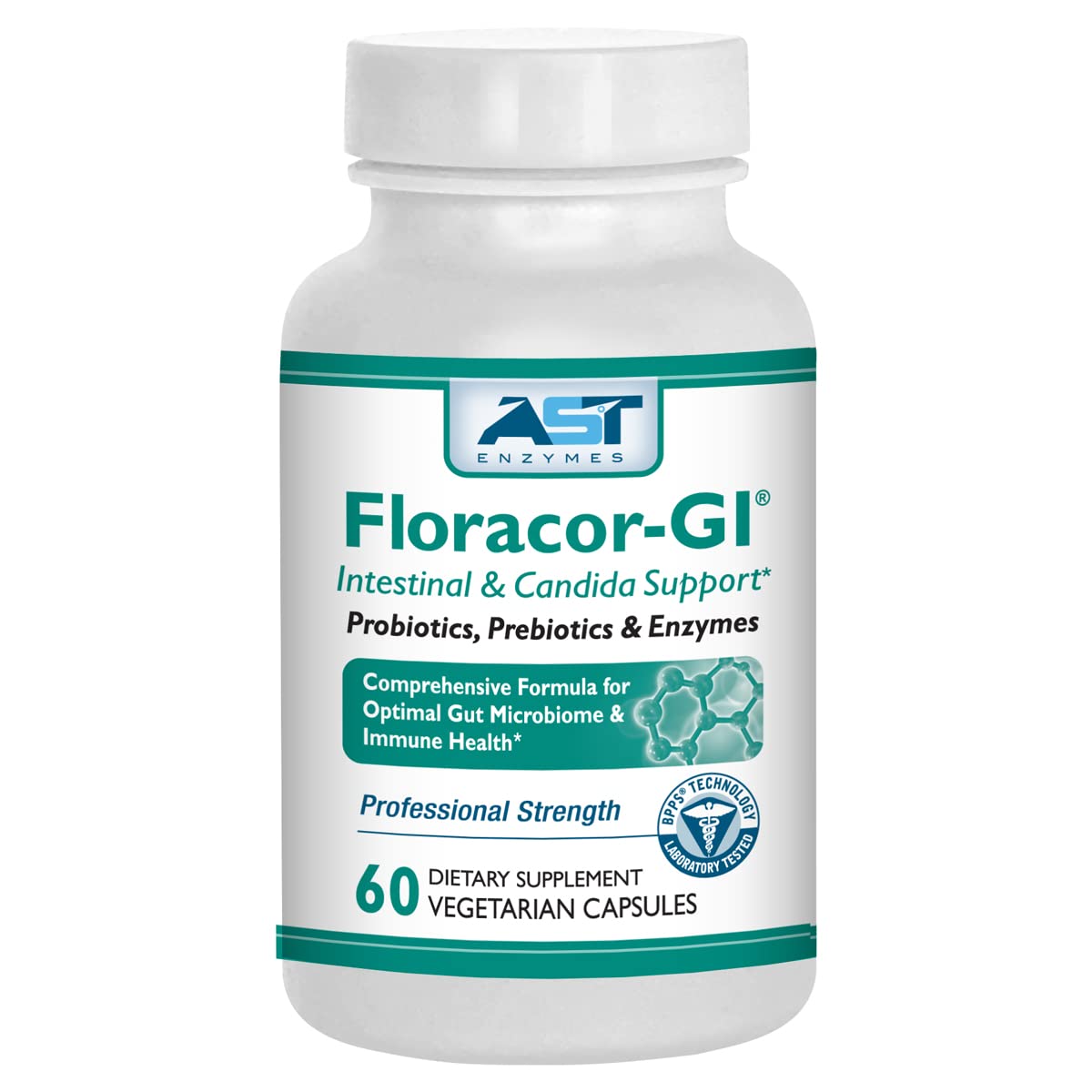 AST Enzymes Floracor - Supports Gut & Intestinal Health - Premium Probiotic, Prebiotic and Enzyme Formula - 60 Vegetarian Capsules - FENGGESTORE20