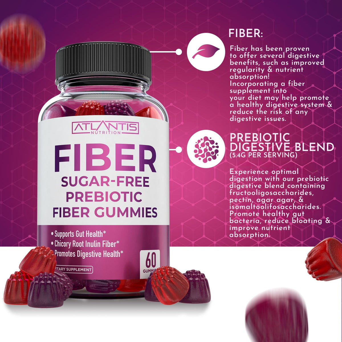 Atlantis Nutrition Sugar Free Fiber Gummies for Adults - 5G Fiber Supplement Formulated with 5.4G Prebiotic Digestive Blend/Serving - Supports Gut Health & Healthy Digestion - FENGGESTORE20