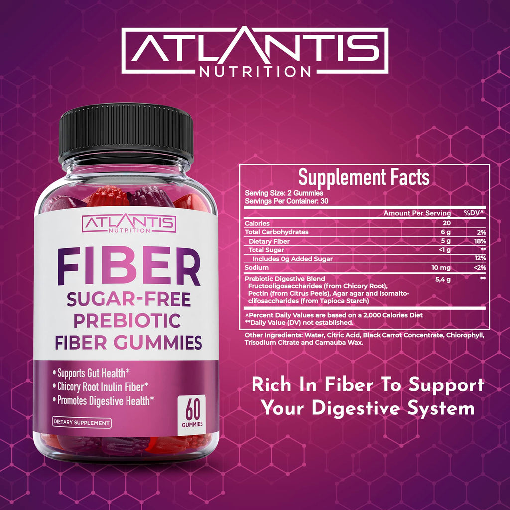 Atlantis Nutrition Sugar Free Fiber Gummies for Adults - 5G Fiber Supplement Formulated with 5.4G Prebiotic Digestive Blend/Serving - Supports Gut Health & Healthy Digestion - FENGGESTORE20