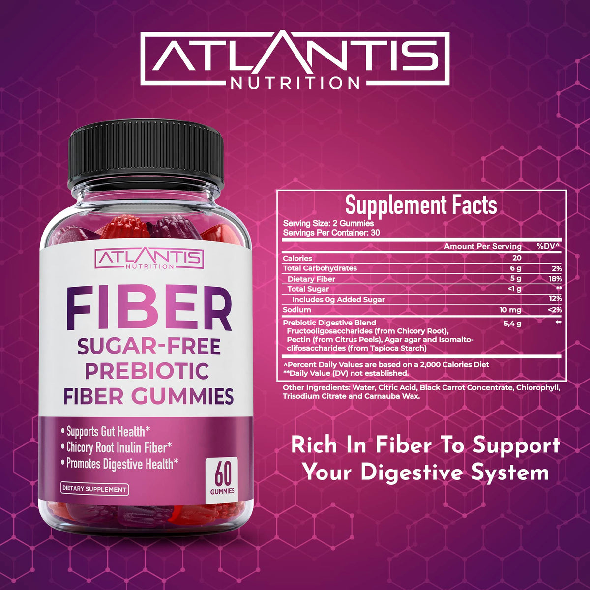 Atlantis Nutrition Sugar Free Fiber Gummies for Adults - 5G Fiber Supplement Formulated with 5.4G Prebiotic Digestive Blend/Serving - Supports Gut Health & Healthy Digestion - FENGGESTORE20