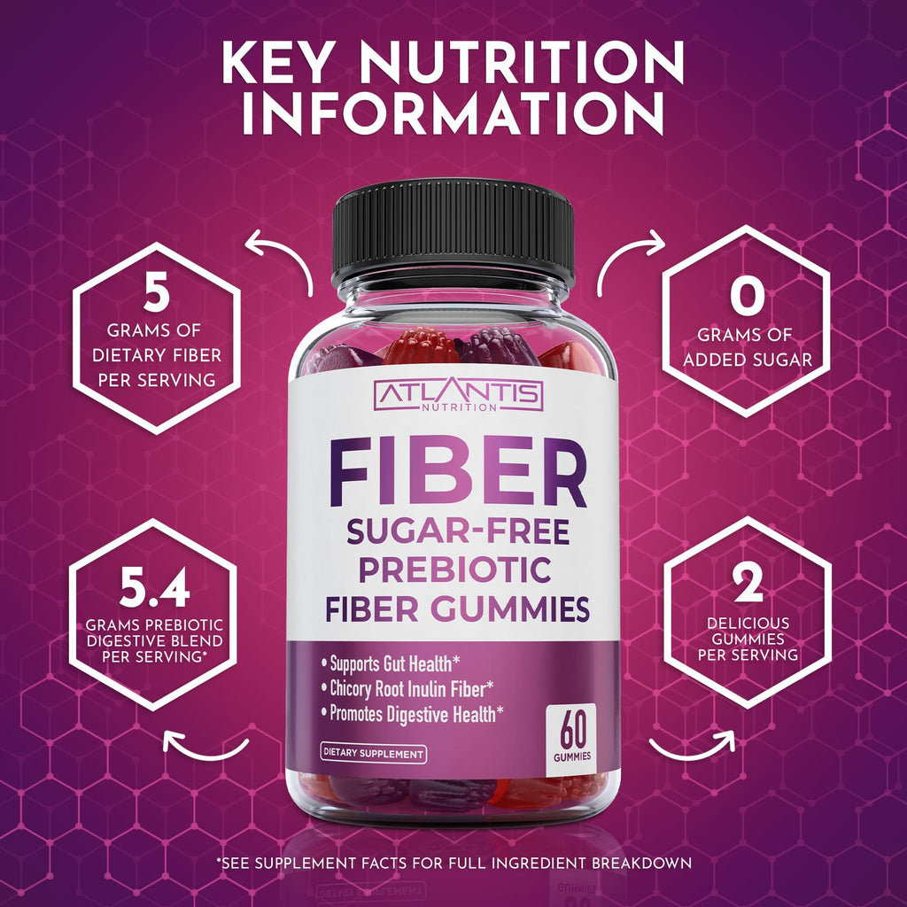 Atlantis Nutrition Sugar Free Fiber Gummies for Adults - 5G Fiber Supplement Formulated with 5.4G Prebiotic Digestive Blend/Serving - Supports Gut Health & Healthy Digestion - FENGGESTORE20