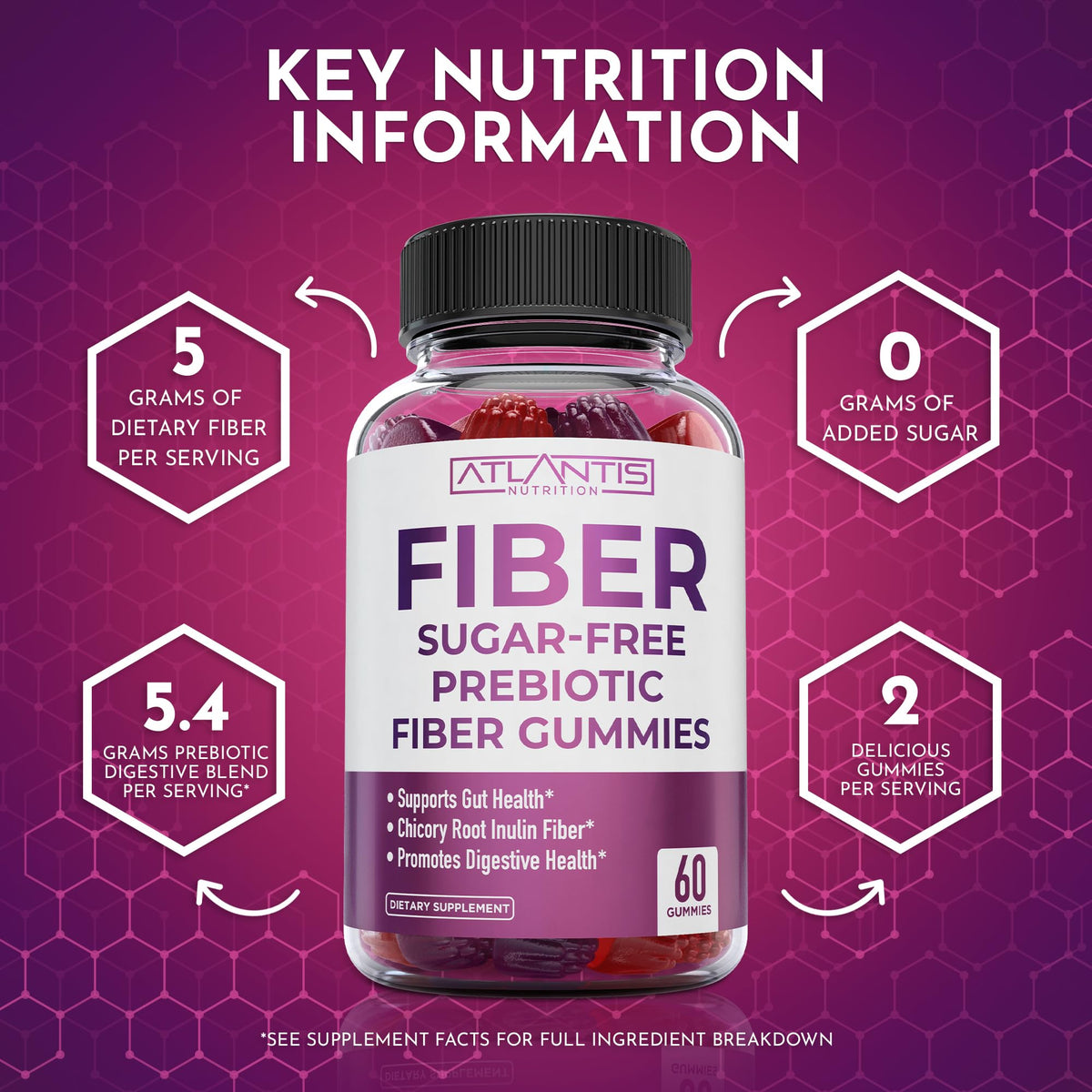 Atlantis Nutrition Sugar Free Fiber Gummies for Adults - 5G Fiber Supplement Formulated with 5.4G Prebiotic Digestive Blend/Serving - Supports Gut Health & Healthy Digestion - FENGGESTORE20