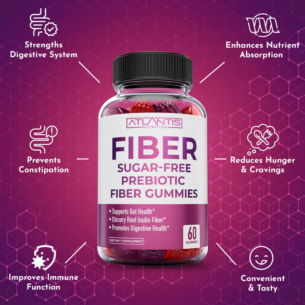 Atlantis Nutrition Sugar Free Fiber Gummies for Adults - 5G Fiber Supplement Formulated with 5.4G Prebiotic Digestive Blend/Serving - Supports Gut Health & Healthy Digestion - FENGGESTORE20