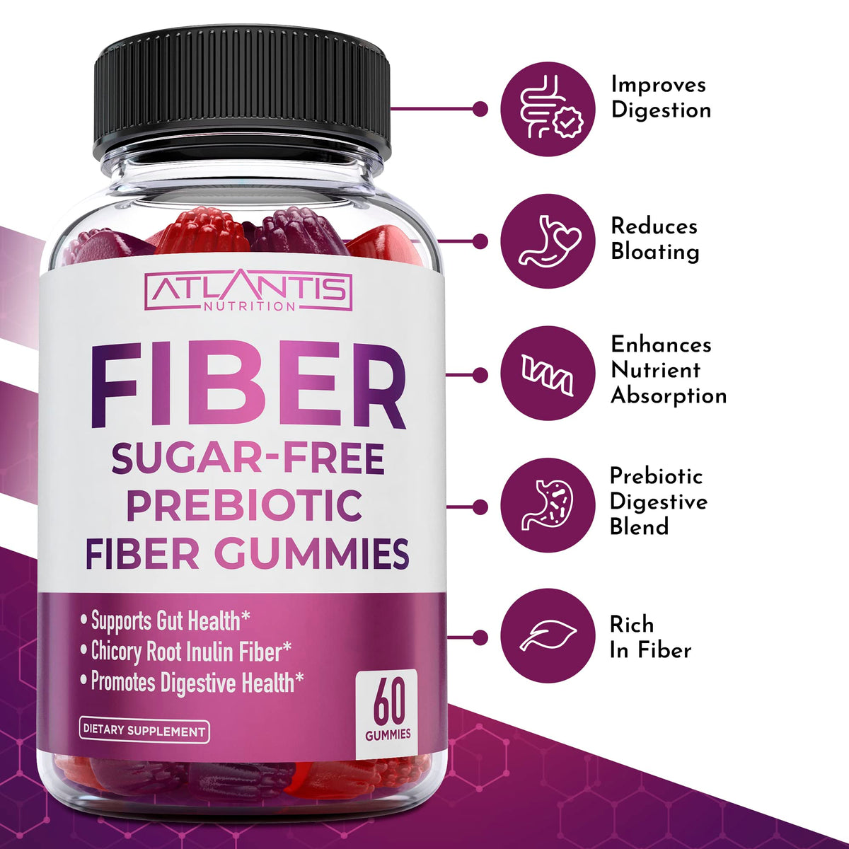 Atlantis Nutrition Sugar Free Fiber Gummies for Adults - 5G Fiber Supplement Formulated with 5.4G Prebiotic Digestive Blend/Serving - Supports Gut Health & Healthy Digestion - FENGGESTORE20