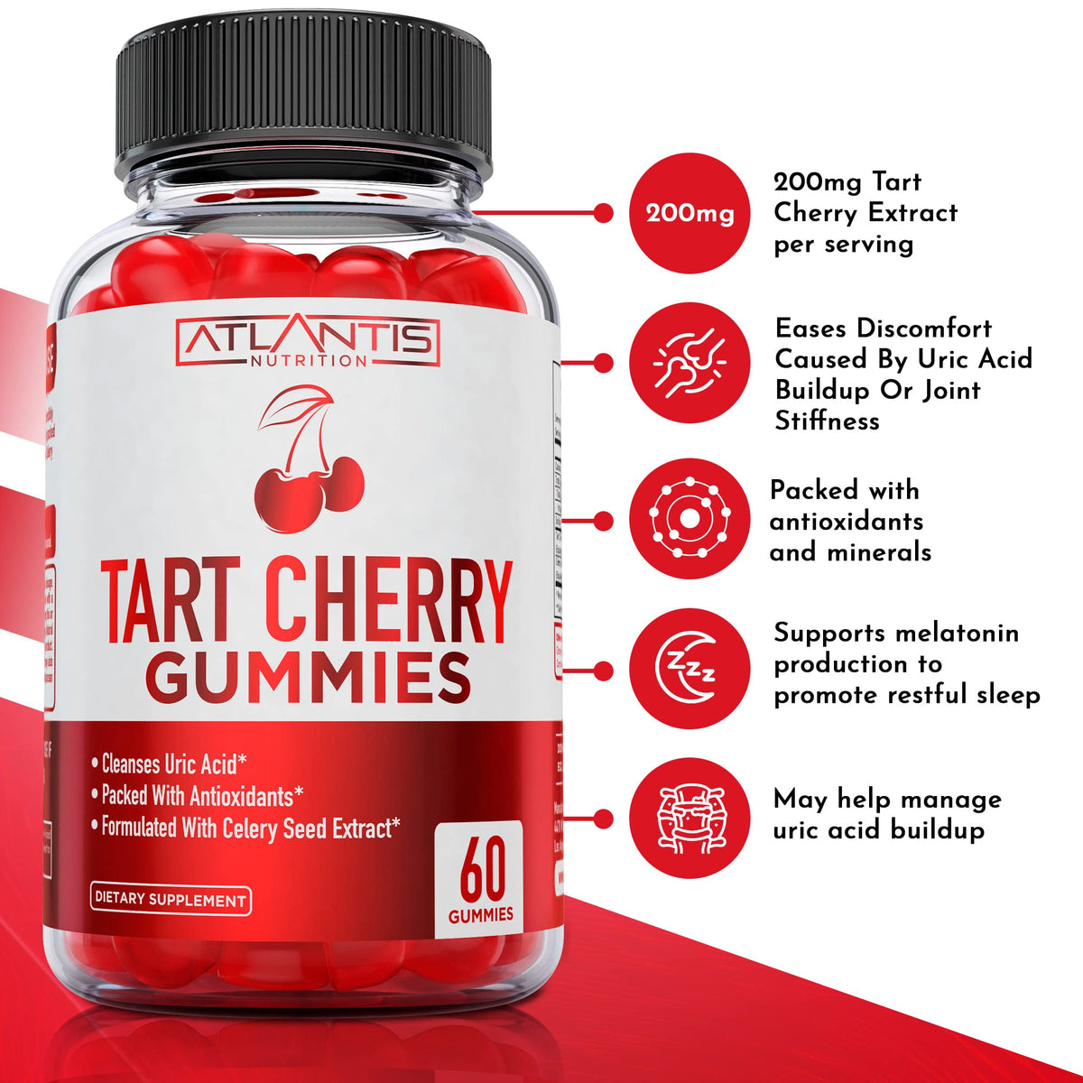 Atlantis Nutrition Tart Cherry Gummies with Celery Seed Extract - Advanced Uric Acid Cleanse for Immediate Relief | Joint Relief & Recovery - FENGGESTORE20