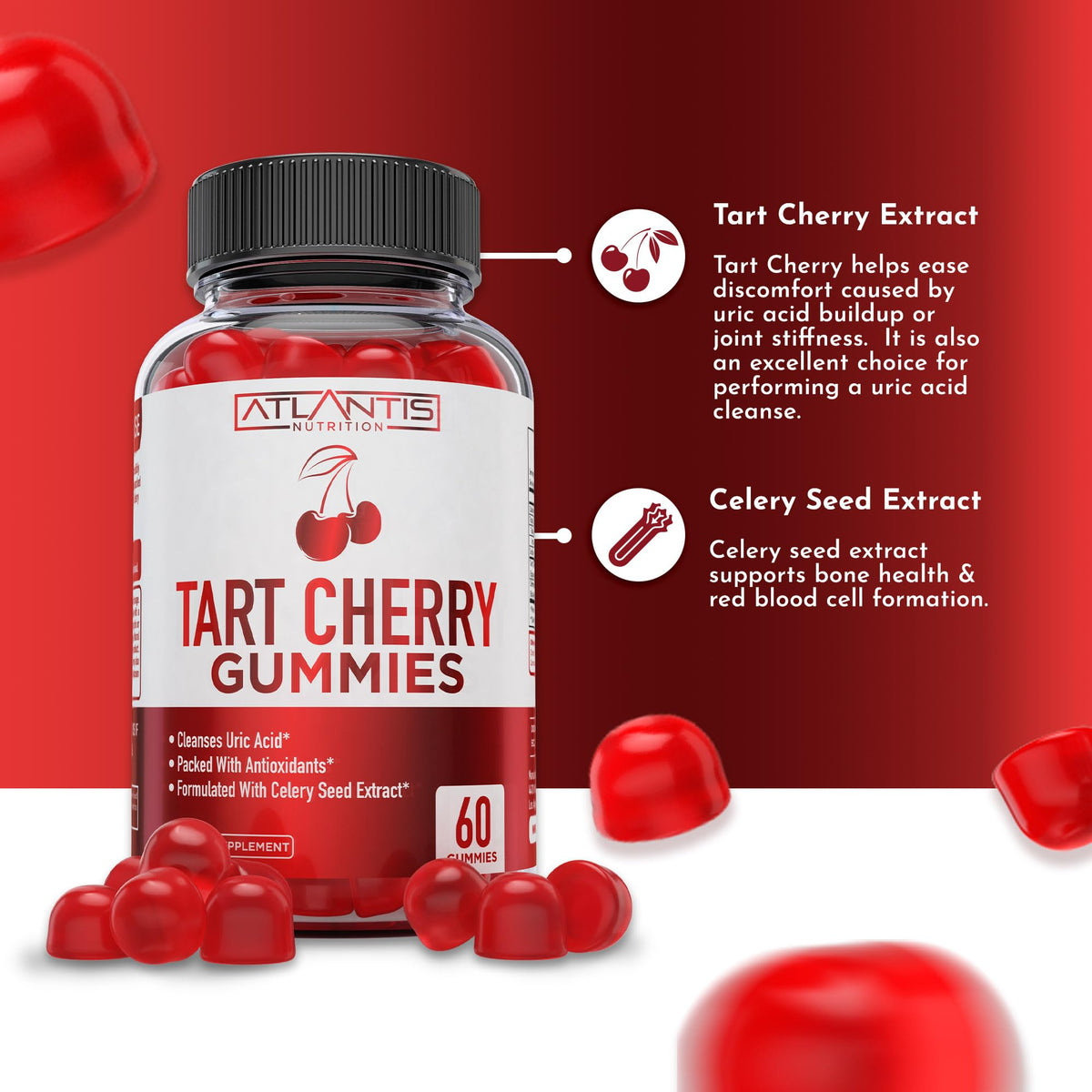 Atlantis Nutrition Tart Cherry Gummies with Celery Seed Extract - Advanced Uric Acid Cleanse for Immediate Relief | Joint Relief & Recovery - FENGGESTORE20