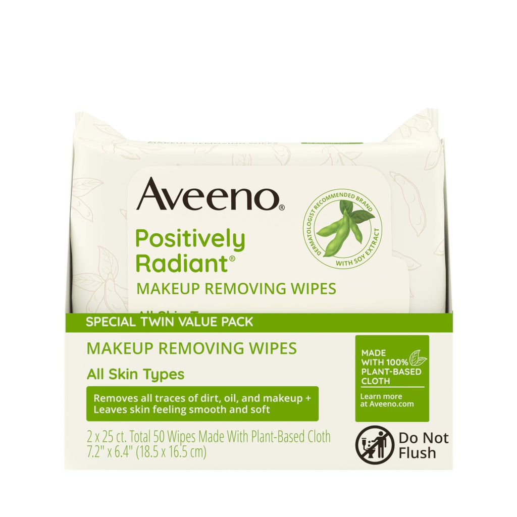 Aveeno Positively Radiant Makeup Remover Wipes, Oil Free, Alcohol Free, Non-Comedogenic Facial Cleansing Wipes, Gentle Face Wipes for Sensitive Skin - FENGGESTORE20