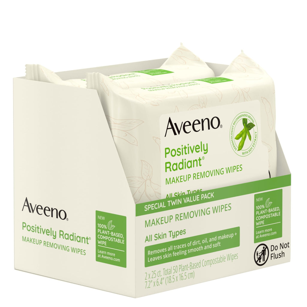 Aveeno Positively Radiant Makeup Remover Wipes, Oil Free, Alcohol Free, Non-Comedogenic Facial Cleansing Wipes, Gentle Face Wipes for Sensitive Skin - FENGGESTORE20