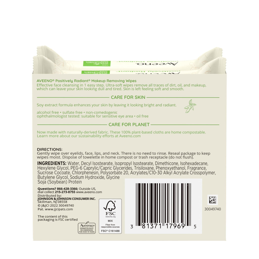 Aveeno Positively Radiant Makeup Remover Wipes, Oil Free, Alcohol Free, Non-Comedogenic Facial Cleansing Wipes, Gentle Face Wipes for Sensitive Skin - FENGGESTORE20