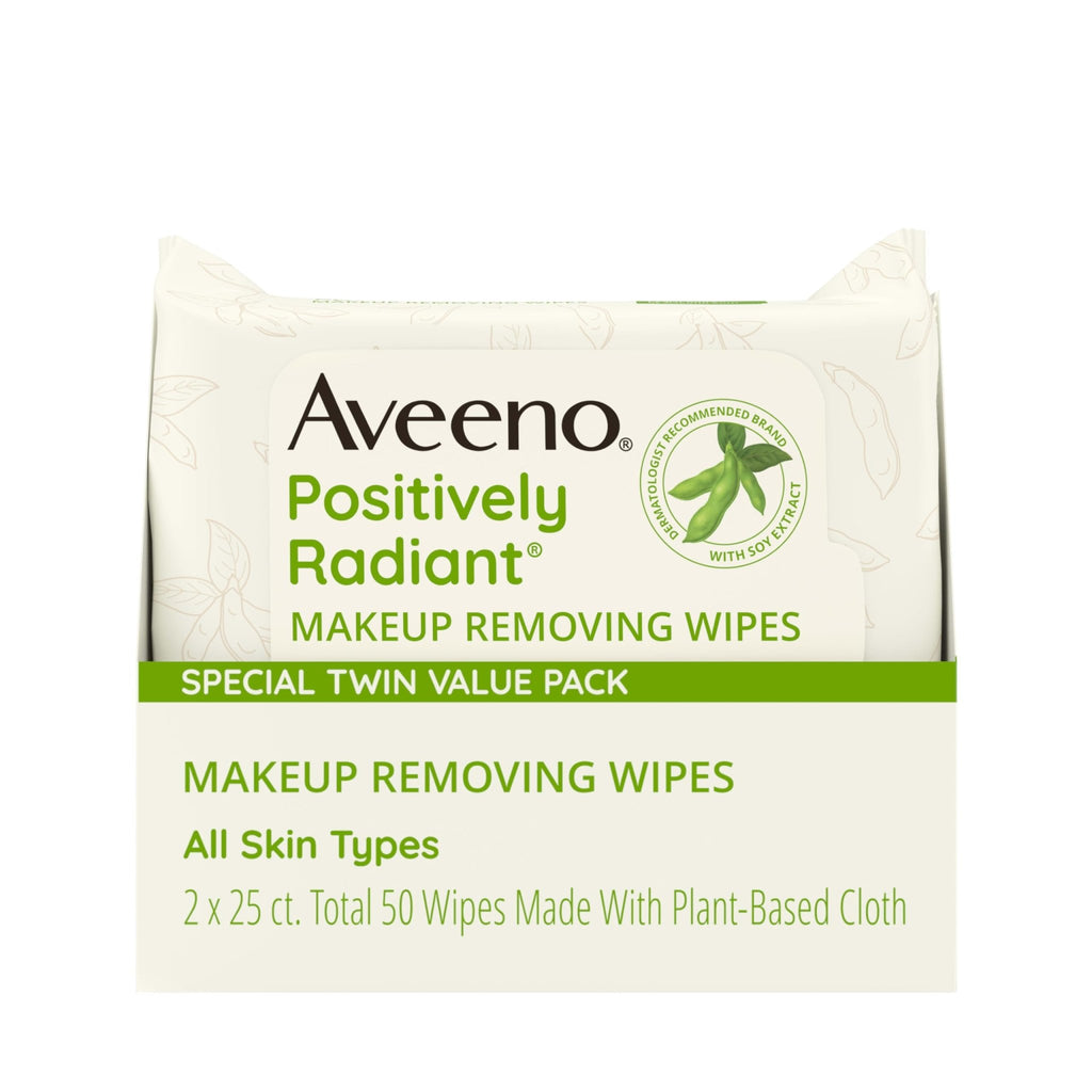 Aveeno Positively Radiant Makeup Remover Wipes, Oil Free, Alcohol Free, Non-Comedogenic Facial Cleansing Wipes, Gentle Face Wipes for Sensitive Skin - FENGGESTORE20
