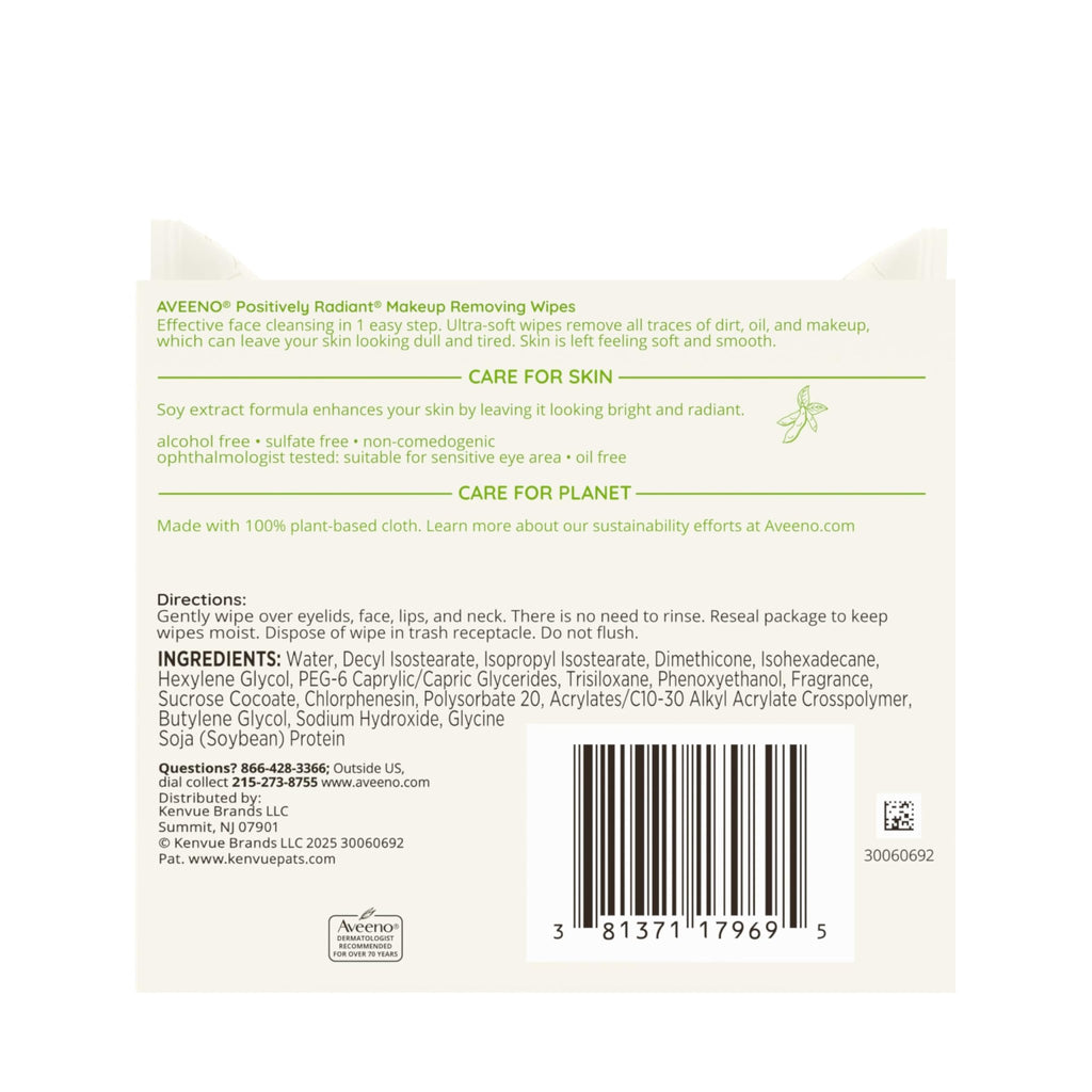 Aveeno Positively Radiant Makeup Remover Wipes, Oil Free, Alcohol Free, Non-Comedogenic Facial Cleansing Wipes, Gentle Face Wipes for Sensitive Skin - FENGGESTORE20