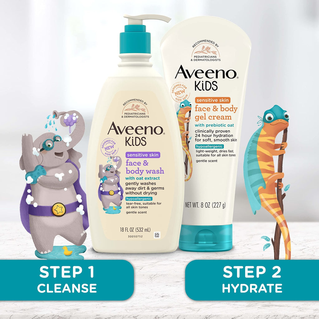 Aveeno Sensitive Skin Face & Body Gel Cream for Kids with Prebiotic Oat, Clinically Proven 24 Hour Hydration for Soft Skin - FENGGESTORE20