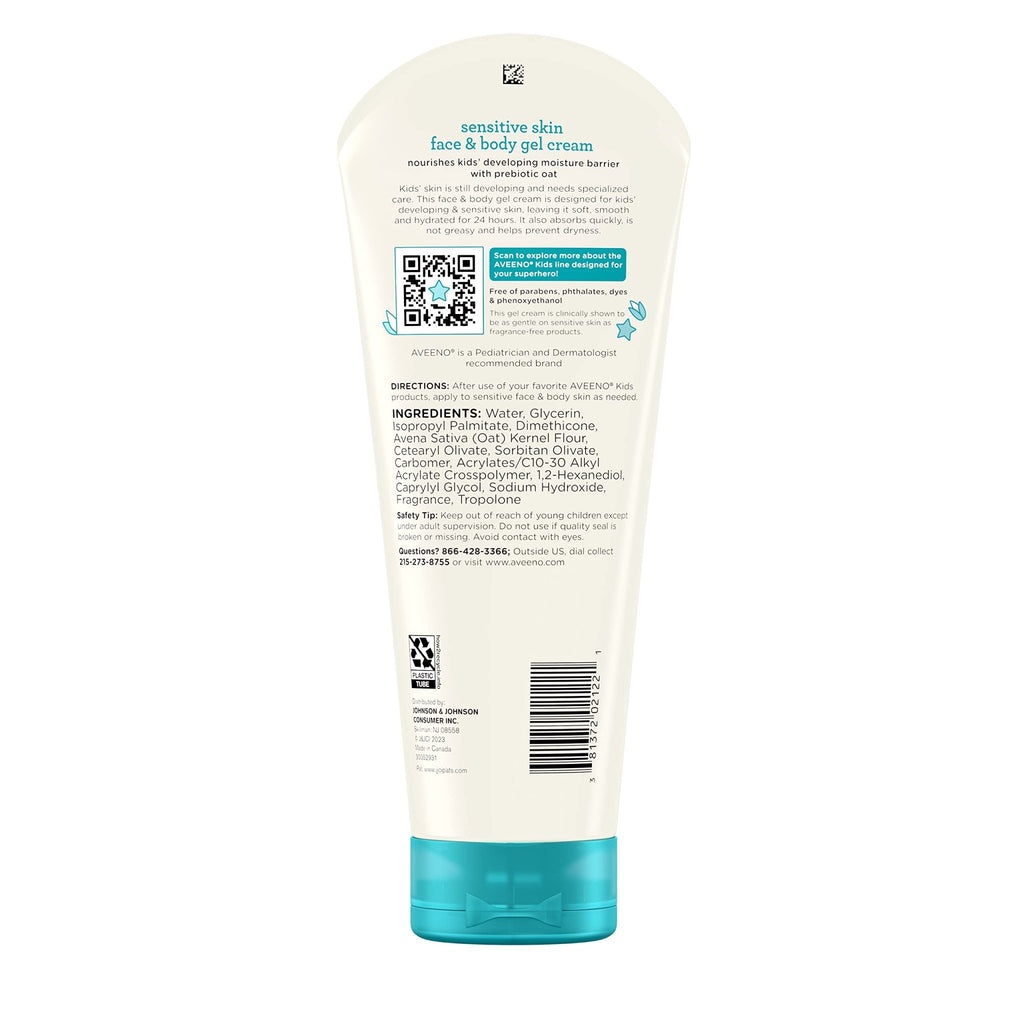 Aveeno Sensitive Skin Face & Body Gel Cream for Kids with Prebiotic Oat, Clinically Proven 24 Hour Hydration for Soft Skin - FENGGESTORE20