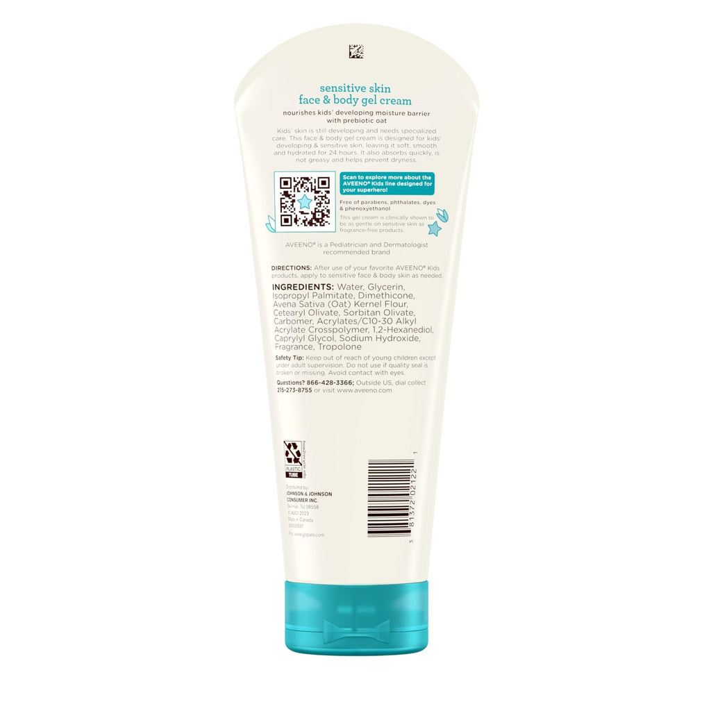 Aveeno Sensitive Skin Face & Body Gel Cream for Kids with Prebiotic Oat, Clinically Proven 24 Hour Hydration for Soft Skin - FENGGESTORE20