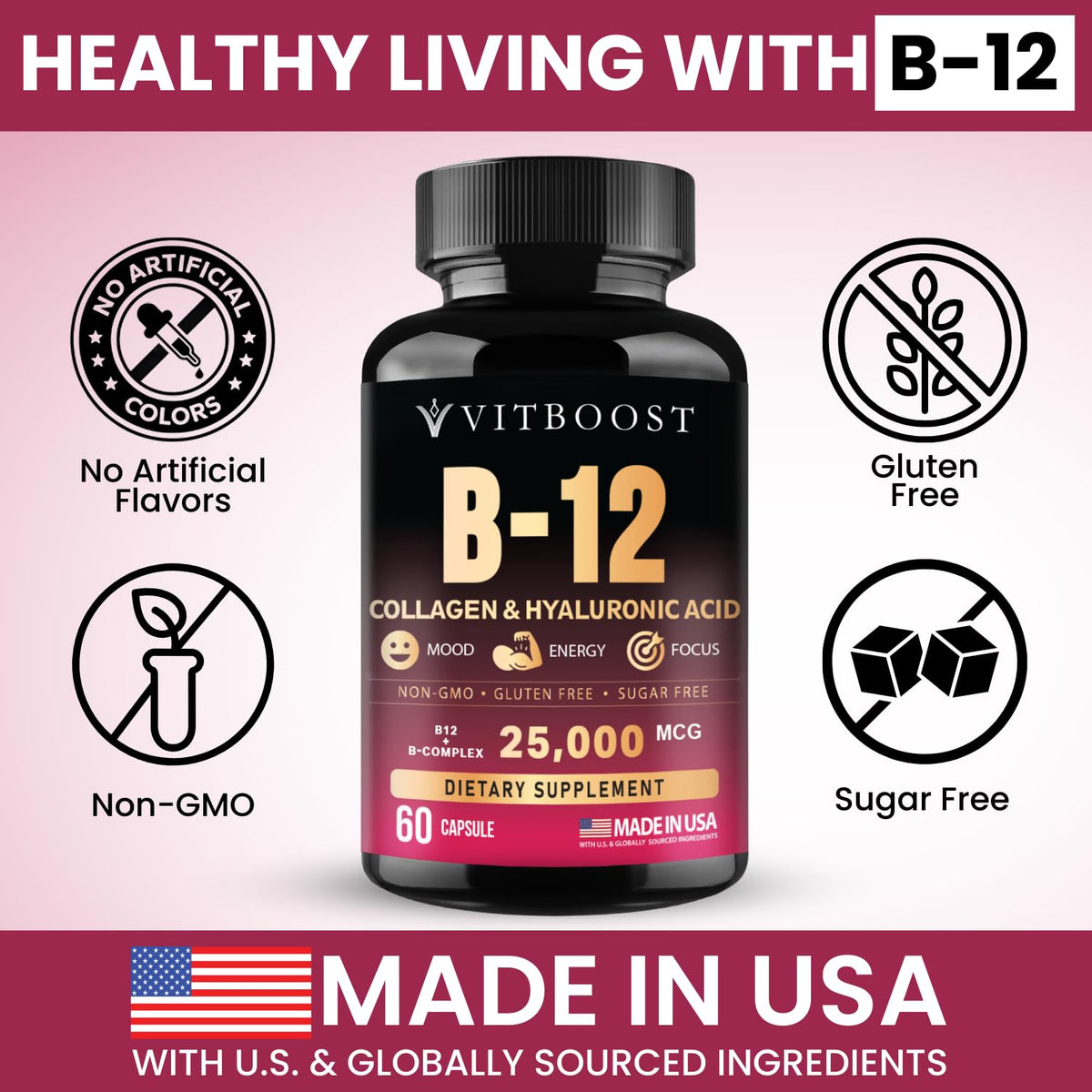 B12 with Hyaluronic Acid, Collagen and Folate – 25000 mcg B12 Complex | Maximize Absorption & Energy | Gluten Free USA Made, B1, B2, B3, B6, B7, B12 vitamins 5000 mcg - FENGGESTORE20