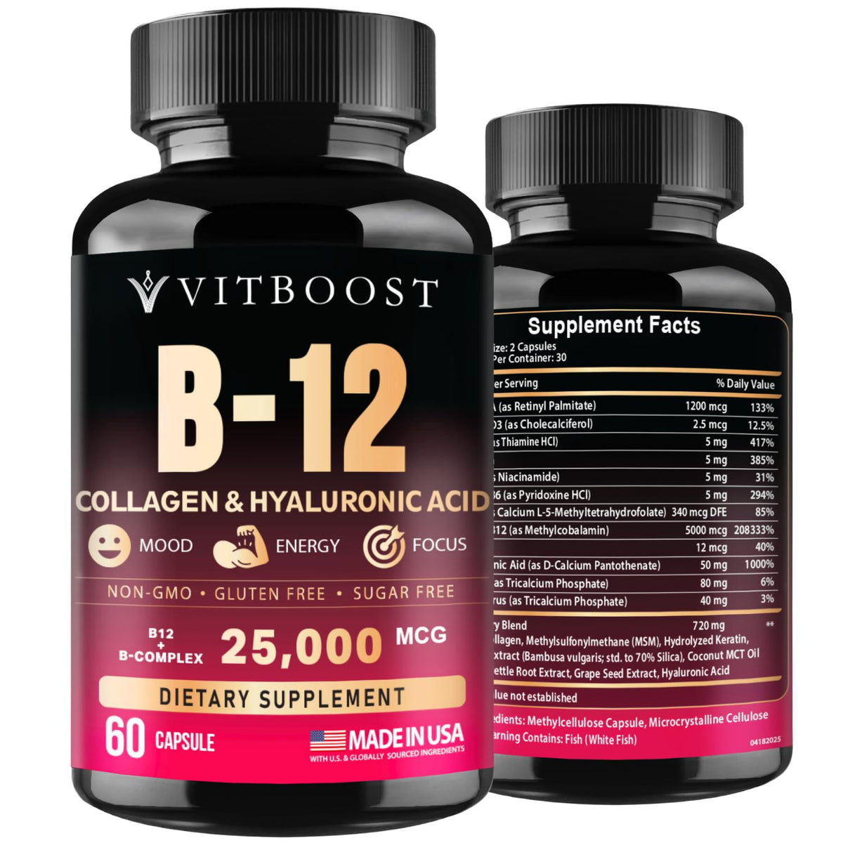 B12 with Hyaluronic Acid, Collagen and Folate – 25000 mcg B12 Complex | Maximize Absorption & Energy | Gluten Free USA Made, B1, B2, B3, B6, B7, B12 vitamins 5000 mcg - FENGGESTORE20