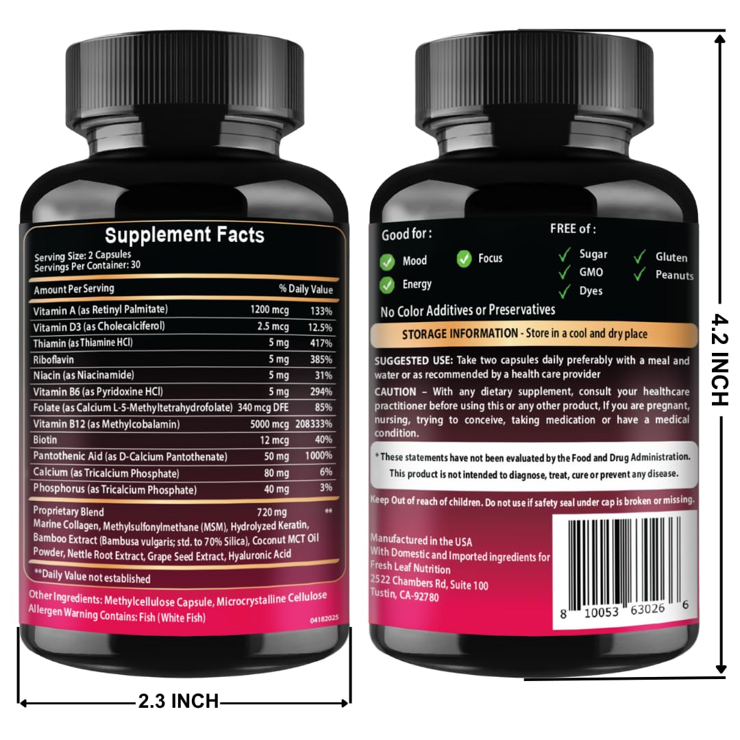 B12 with Hyaluronic Acid, Collagen and Folate – 25000 mcg B12 Complex | Maximize Absorption & Energy | Gluten Free USA Made, B1, B2, B3, B6, B7, B12 vitamins 5000 mcg - FENGGESTORE20