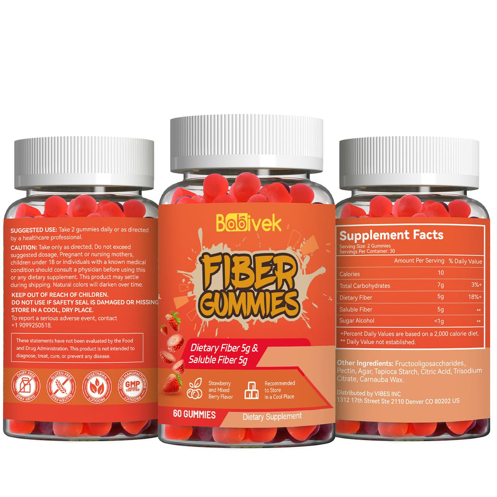 Babivek Fiber Gummies for Women and Men – Dietary Fiber, Gut Health Support, Vegan, Non-GMO, Non-Gluten, Mixed Berry & Strawberry Flavors, 60 Count(Pack of 2) - FENGGESTORE20