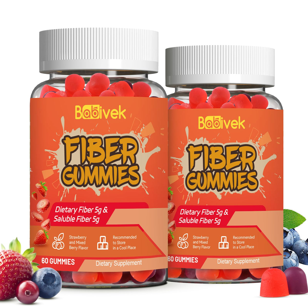 Babivek Fiber Gummies for Women and Men – Dietary Fiber, Gut Health Support, Vegan, Non-GMO, Non-Gluten, Mixed Berry & Strawberry Flavors, 60 Count(Pack of 2) - FENGGESTORE20