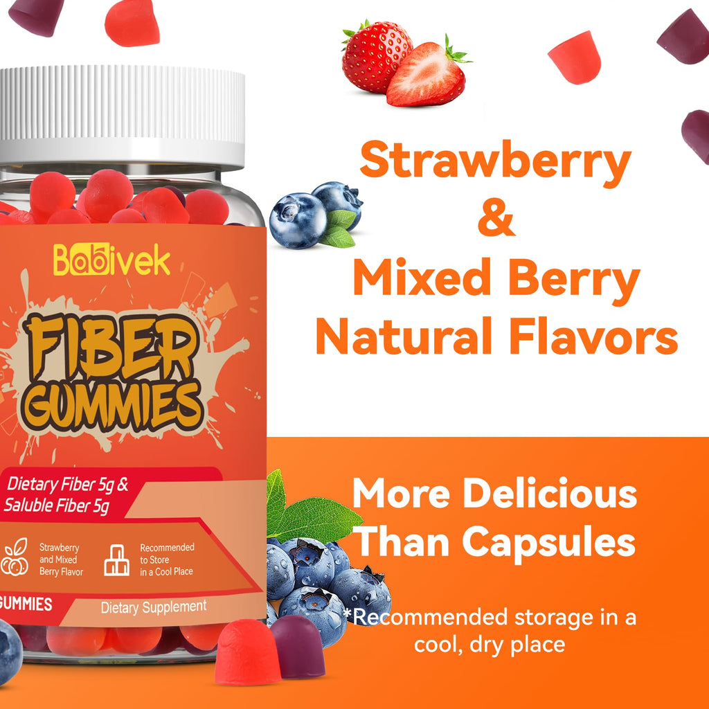 Babivek Fiber Gummies for Women and Men – Dietary Fiber, Gut Health Support, Vegan, Non-GMO, Non-Gluten, Mixed Berry & Strawberry Flavors, 60 Count(Pack of 2) - FENGGESTORE20