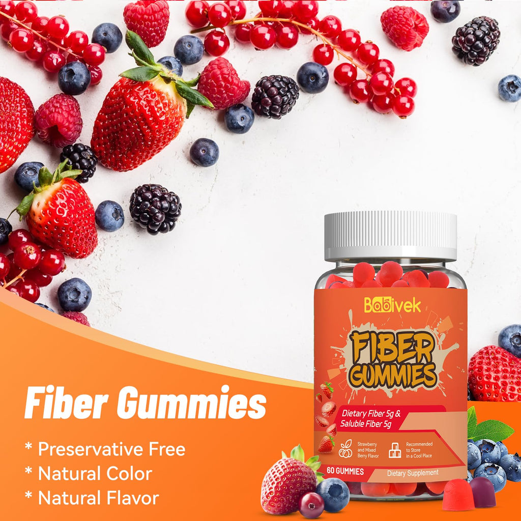 Babivek Fiber Gummies for Women and Men – Dietary Fiber, Gut Health Support, Vegan, Non-GMO, Non-Gluten, Mixed Berry & Strawberry Flavors, 60 Count(Pack of 2) - FENGGESTORE20