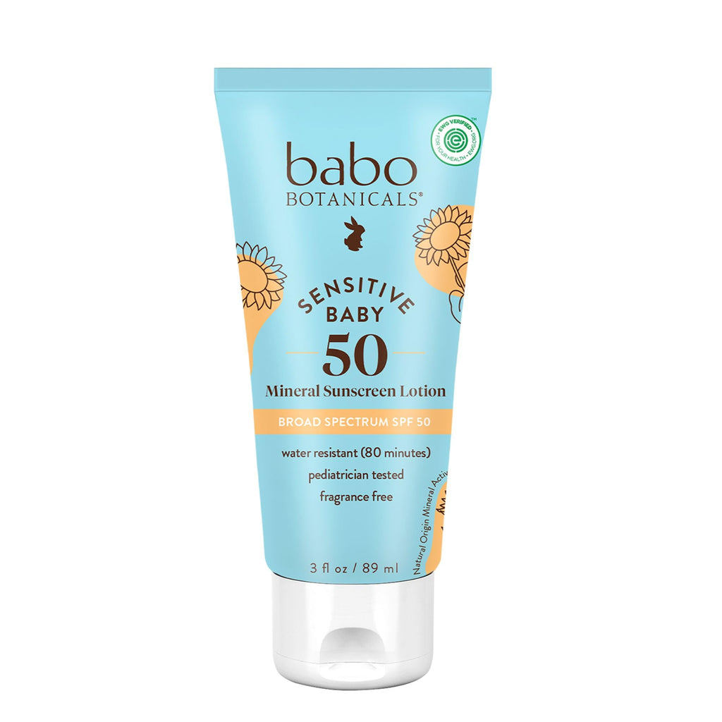 Babo Botanicals Sensitive Baby Mineral Sunscreen Lotion SPF50 - Natural Zinc Oxide - Face & Body - Fragrance-Free - Water-Resistant - FENGGESTORE20