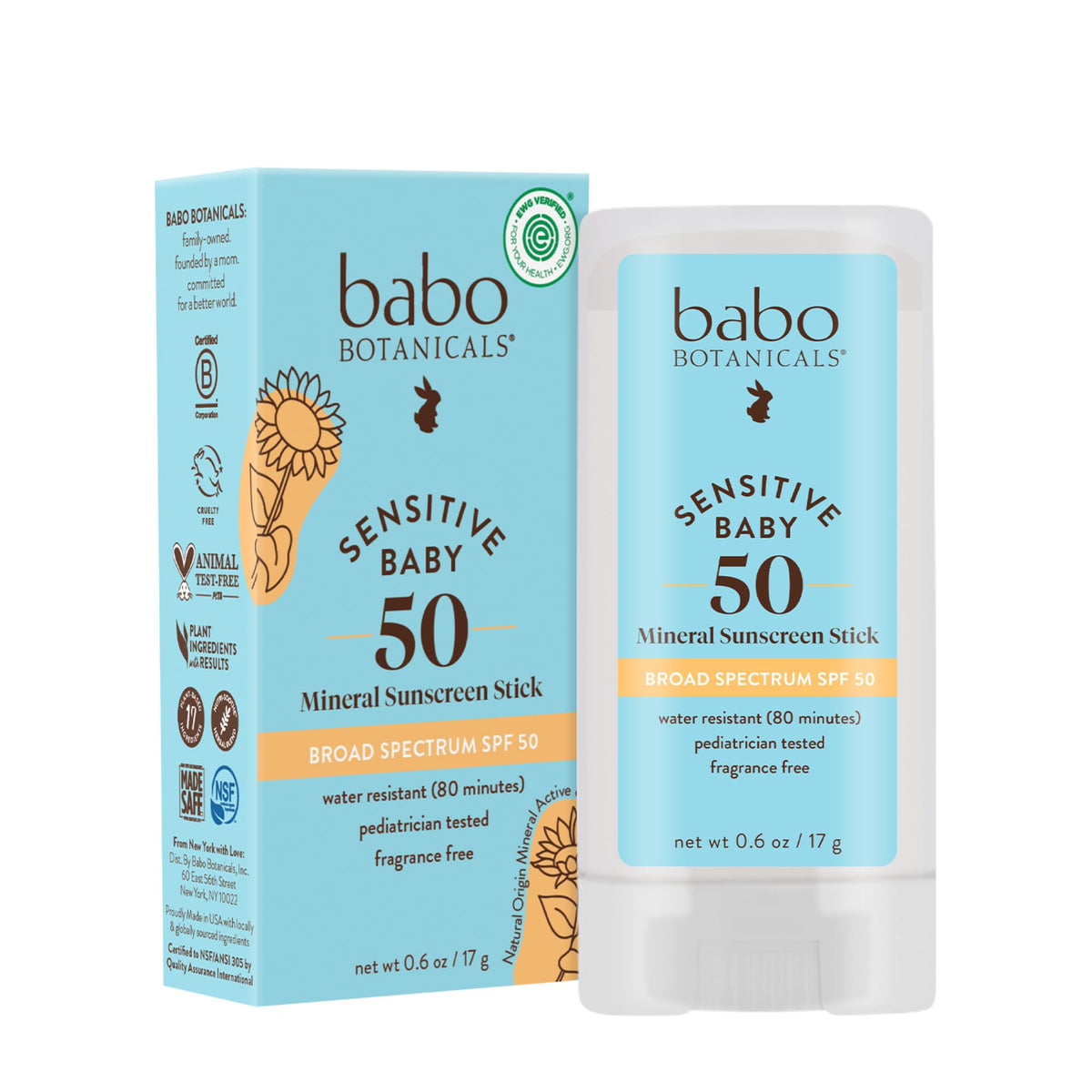Babo Botanicals Sensitive Baby Mineral Sunscreen Stick SPF 50 - 70% Organic Ingredients - Zinc Oxide - NSF & MADE SAFE and EWG Certified - FENGGESTORE20