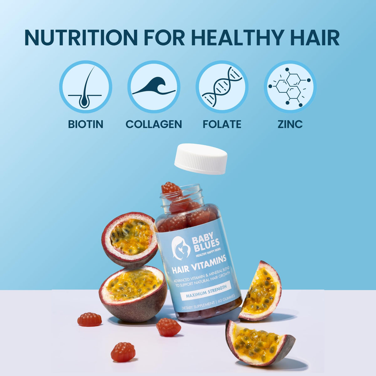 Baby Blues Postpartum Hair Loss Vitamins - Passion Fruit Gummies with Biotin, Collagen, & Folate - FENGGESTORE20