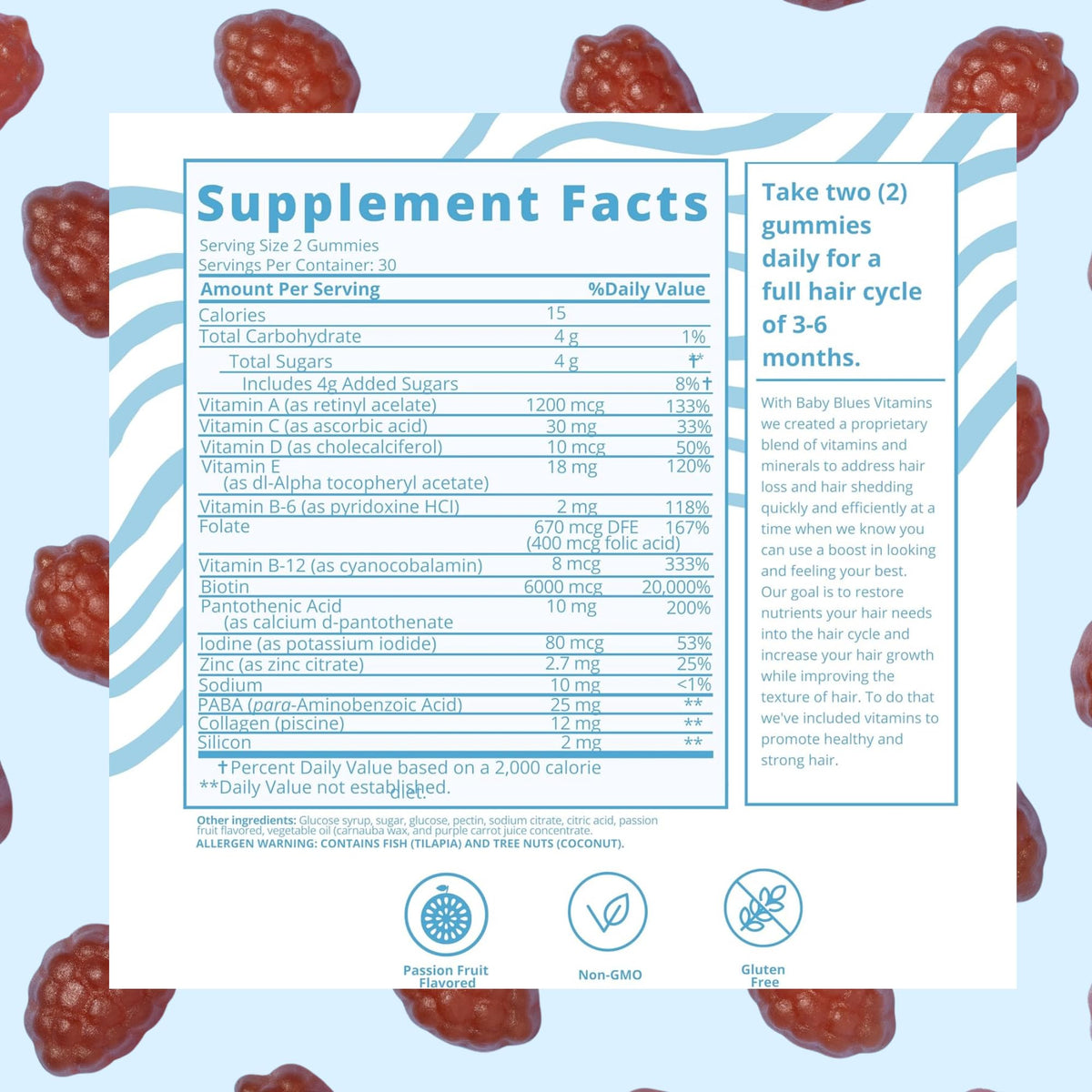 Baby Blues Postpartum Hair Loss Vitamins - Passion Fruit Gummies with Biotin, Collagen, & Folate - FENGGESTORE20