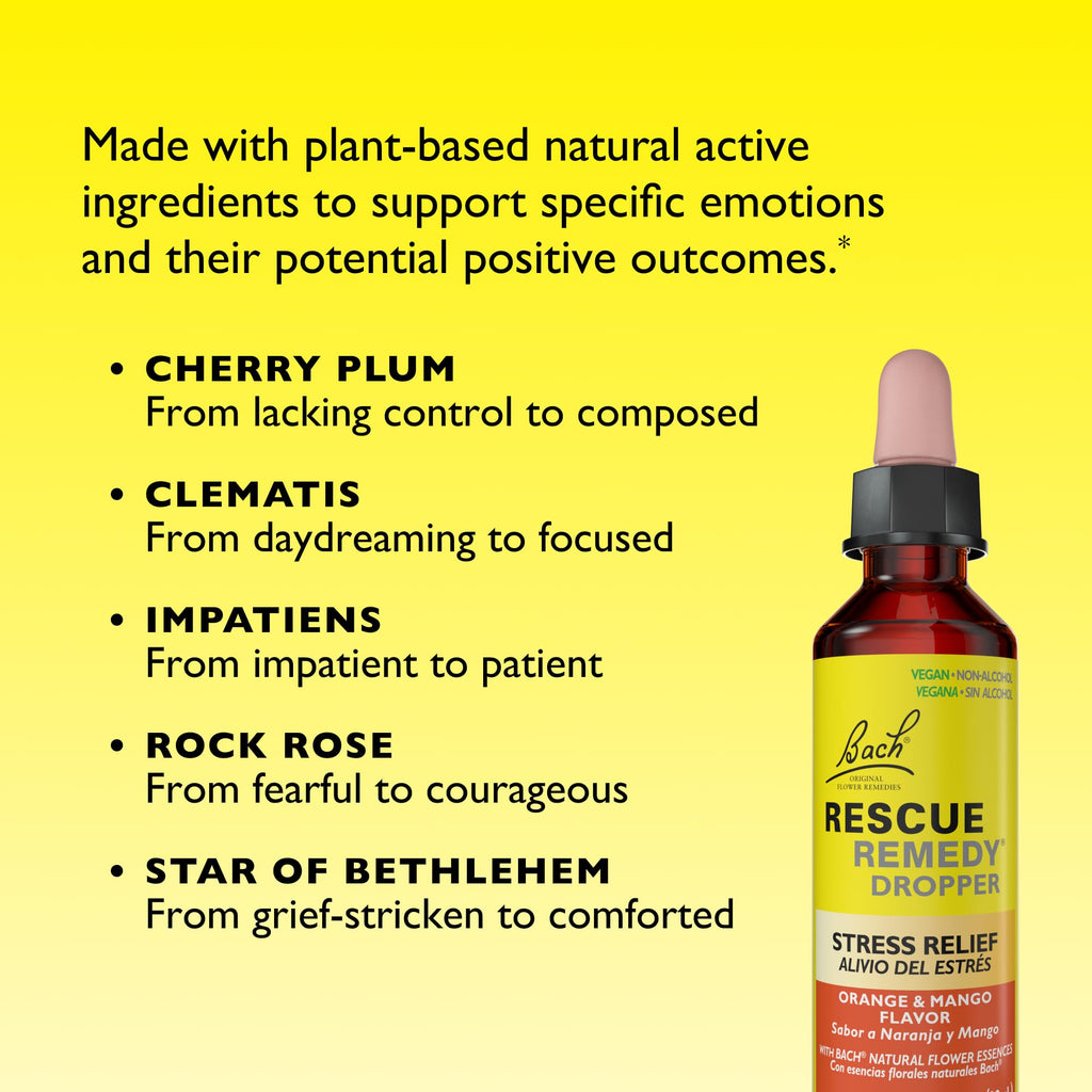 Bach RESCUE Remedy, Orange Mango Flavor, Stress Relief, Homeopathic, Flower Essences, 20mL - FENGGESTORE20