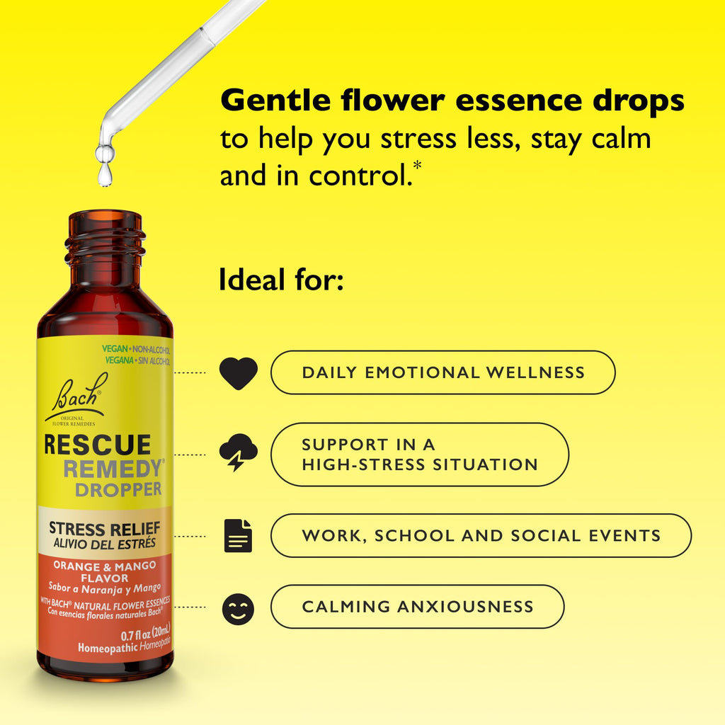 Bach RESCUE Remedy, Orange Mango Flavor, Stress Relief, Homeopathic, Flower Essences, 20mL - FENGGESTORE20
