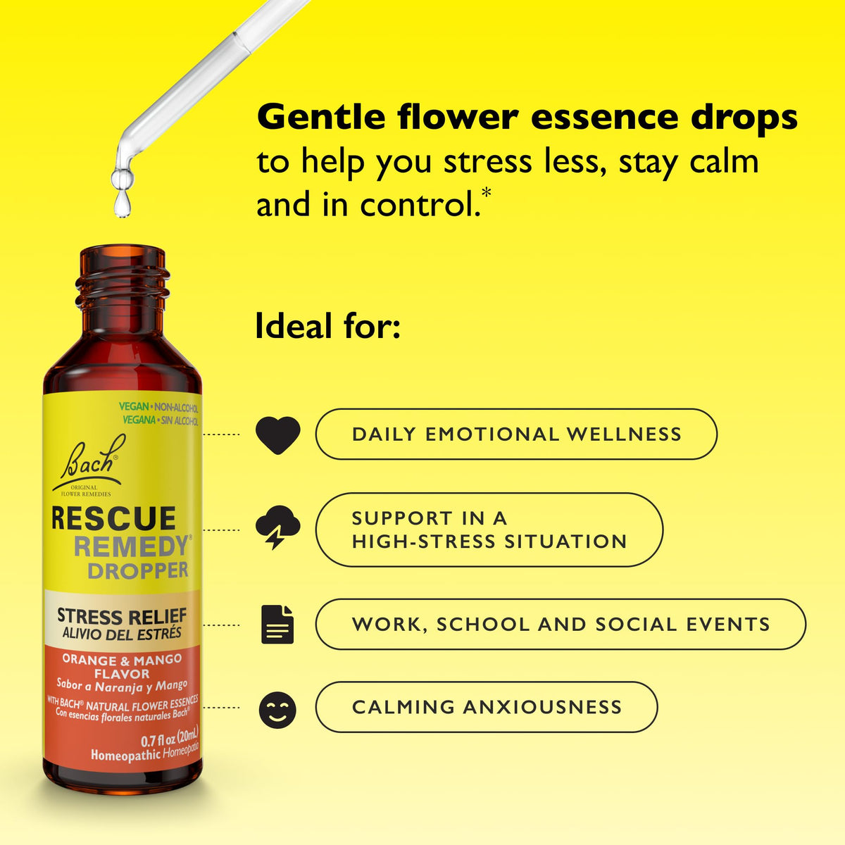 Bach RESCUE Remedy, Orange Mango Flavor, Stress Relief, Homeopathic, Flower Essences, 20mL - FENGGESTORE20