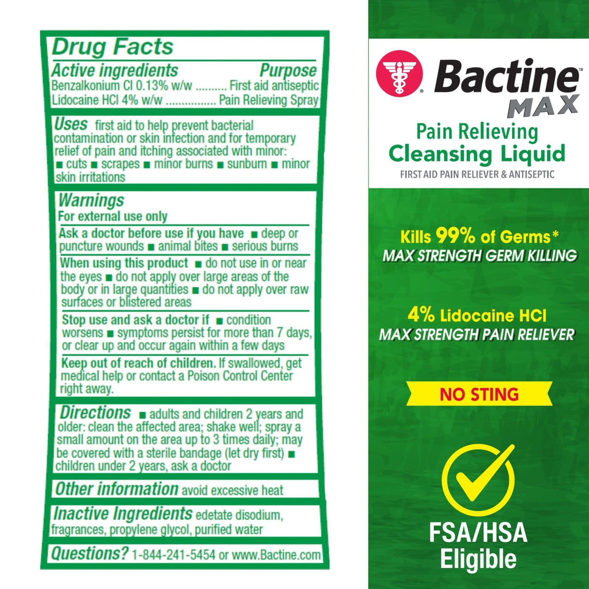Bactine Max Pain Relieving Antiseptic Spray with Lidocaine, First Aid Pain + Itch Relief, No-Sting, Kills 99% of Germs*, 5oz - FENGGESTORE20
