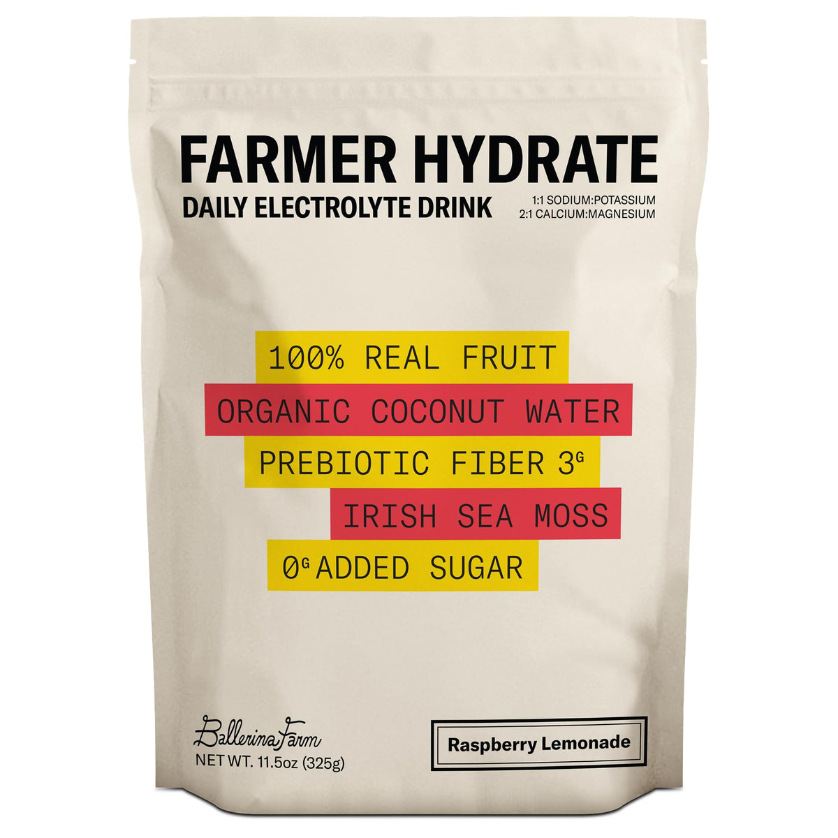 Ballerina Farm Farmer Hydrate, Daily Electrolytes Powder, Raspberry Lemonade, Hydration Drink Mix with Organic Coconut Water, Irish Sea Moss, Sea Salt, Prebiotic Fiber, No Added Sugar, 25 Servings - FENGGESTORE20