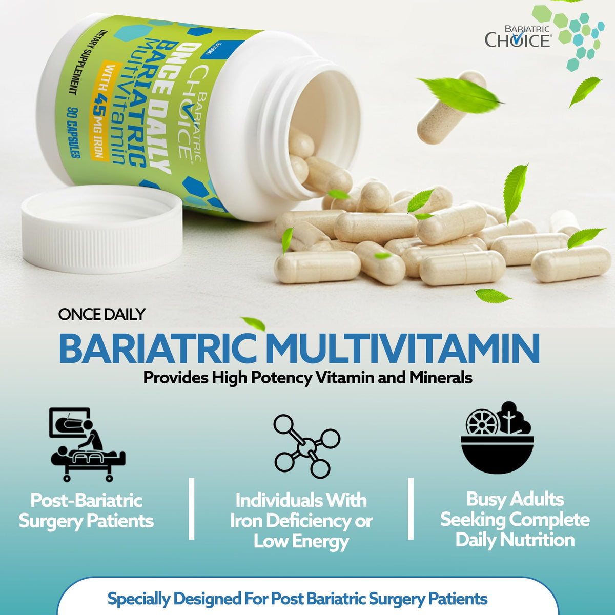 Bariatric Choice Once-Daily Bariatric Multivitamin with 45 mg of Iron | Easy to Swallow Capsule | Vitamin for Bariatric Surgery Patients - FENGGESTORE20