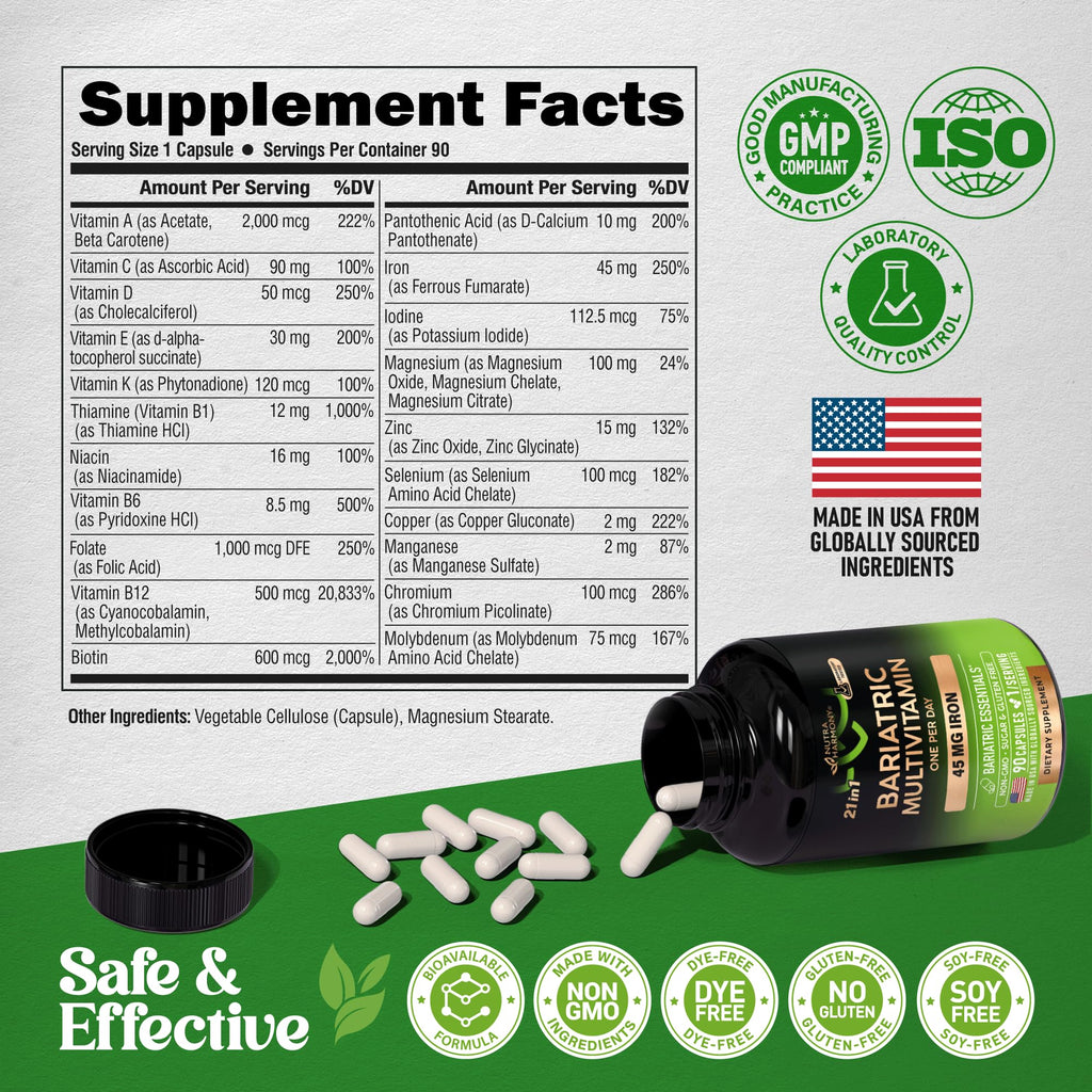 Bariatric Multivitamin - 45 mg Iron Supplements - Made in USA - for Women & Men - All-in-One, 21 Essential Vitamins - Gastric Sleeve Support - FENGGESTORE20