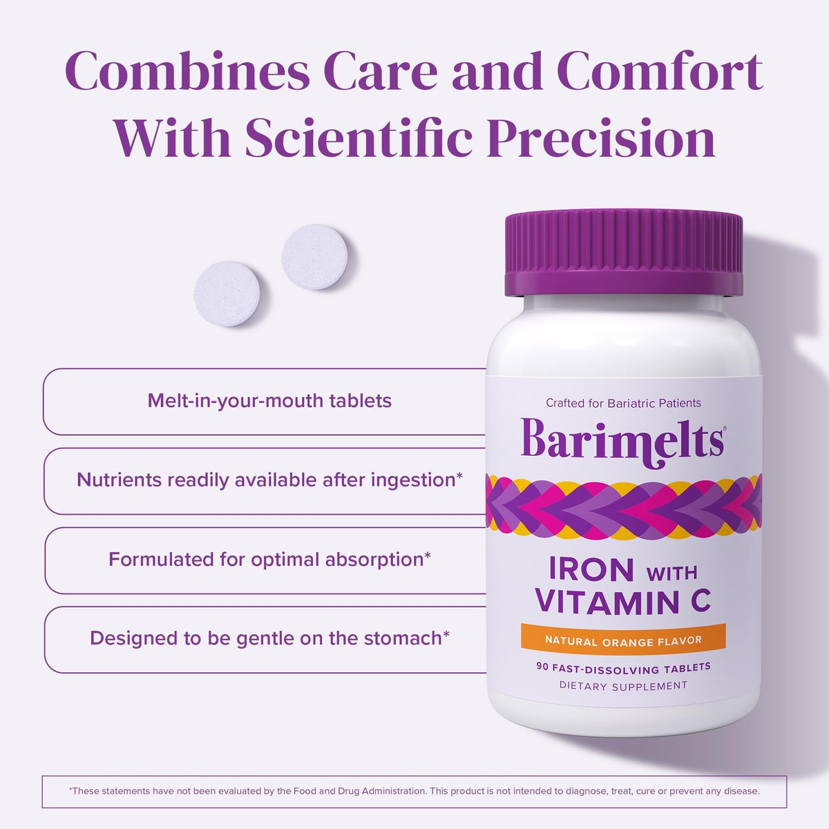 Barimelts Iron with Vitamin C, 90 Fast-Dissolving Tablets (1-Month Supply), Sugar-Free Bariatric Iron Supplement for Women, Natural Orange Flavor - FENGGESTORE20