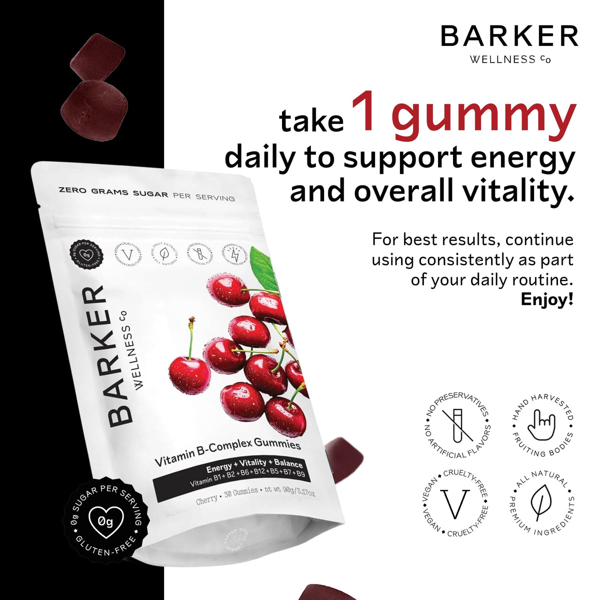 Barker Wellness Vegan B-Complex Gummies – Comprehensive Energy & Metabolism Boost with B1, B5, B6, B7 Biotin, B9 Folate, B12 - FENGGESTORE20