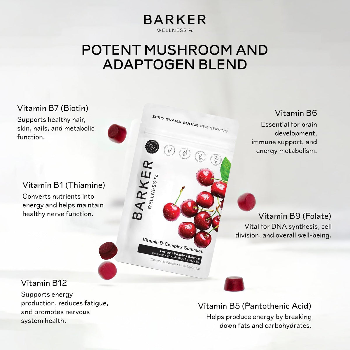 Barker Wellness Vegan B-Complex Gummies – Comprehensive Energy & Metabolism Boost with B1, B5, B6, B7 Biotin, B9 Folate, B12 - FENGGESTORE20