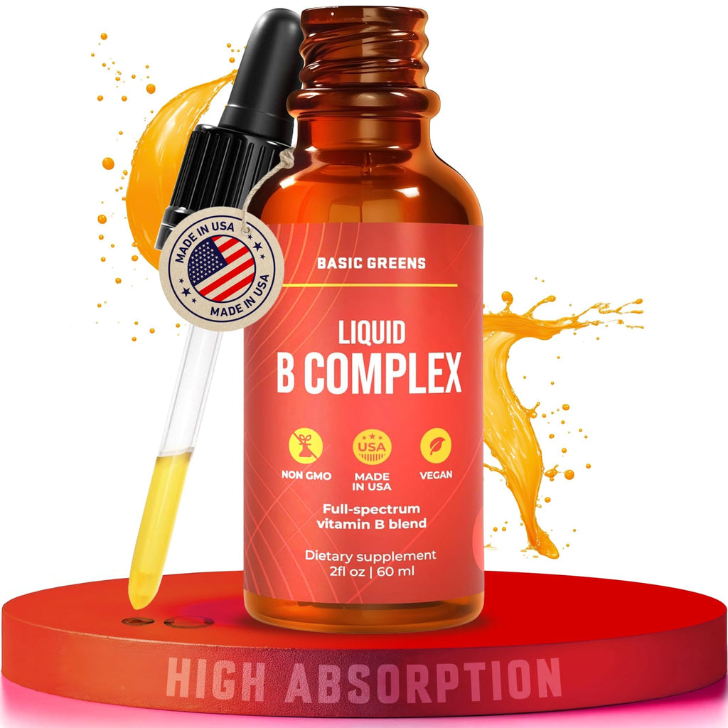BASIC GREENS Vitamin B Complex Liquid Drops - Strength Sublingual Formula, Maximizes Absorption & Boosts Energy - B1, B2, B3, B5, B6, B7, B9, B12 - Natural Vegan Supplement - FENGGESTORE20