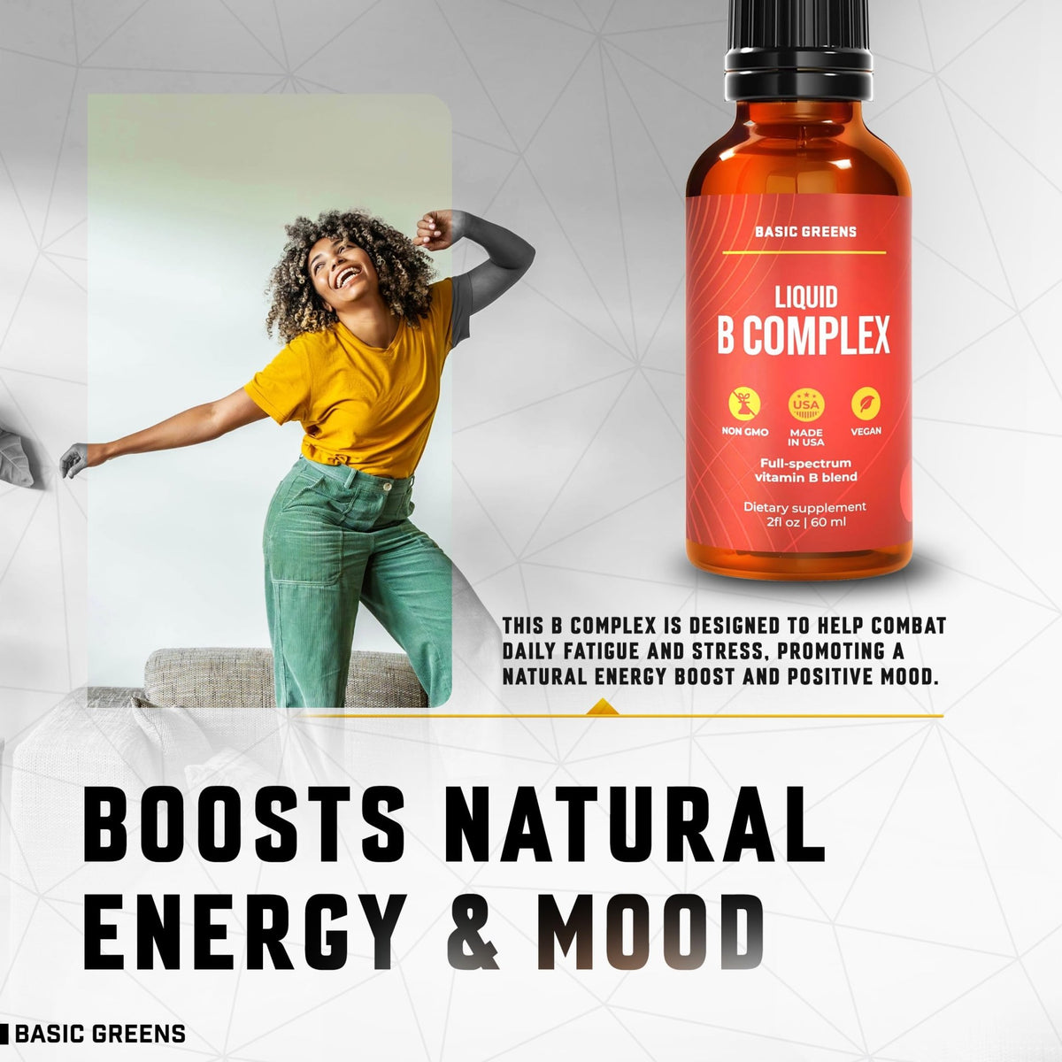 BASIC GREENS Vitamin B Complex Liquid Drops - Strength Sublingual Formula, Maximizes Absorption & Boosts Energy - B1, B2, B3, B5, B6, B7, B9, B12 - Natural Vegan Supplement - FENGGESTORE20