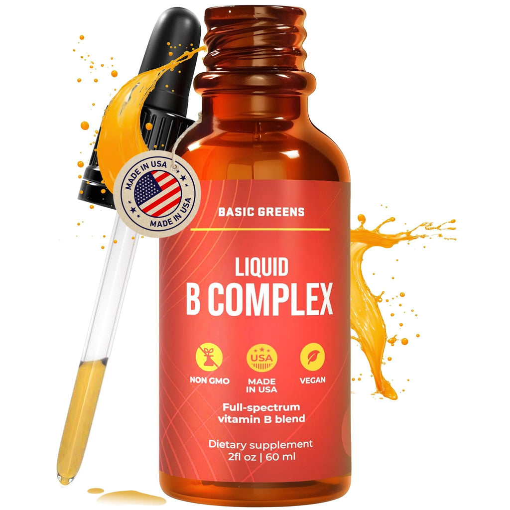BASIC GREENS Vitamin B Complex Liquid Drops - Strength Sublingual Formula, Maximizes Absorption & Boosts Energy - B1, B2, B3, B5, B6, B7, B9, B12 - Natural Vegan Supplement - FENGGESTORE20
