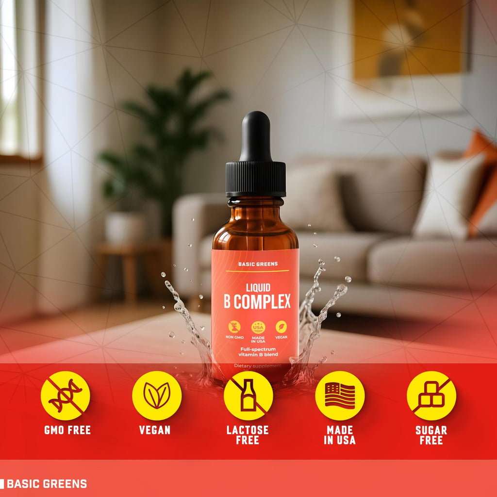 BASIC GREENS Vitamin B Complex Liquid Drops - Strength Sublingual Formula, Maximizes Absorption & Boosts Energy - B1, B2, B3, B5, B6, B7, B9, B12 - Natural Vegan Supplement - FENGGESTORE20
