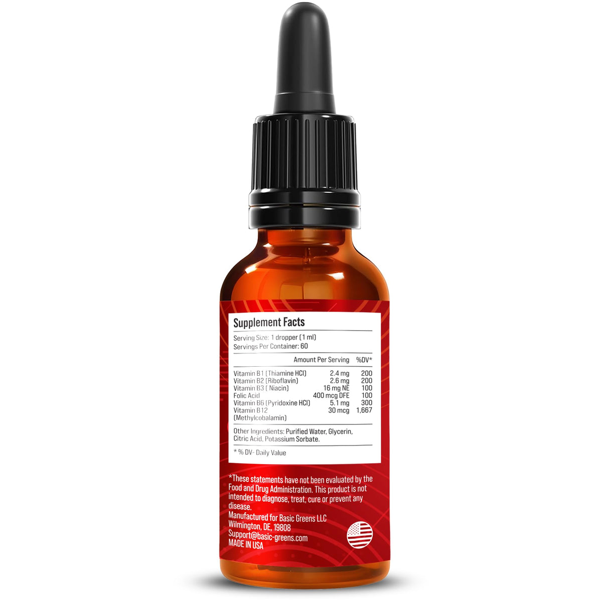 BASIC GREENS Vitamin B Complex Liquid Drops - Strength Sublingual Formula, Maximizes Absorption & Boosts Energy - B1, B2, B3, B5, B6, B7, B9, B12 - Natural Vegan Supplement - FENGGESTORE20